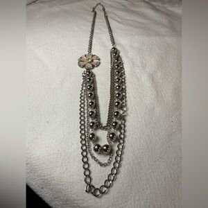 Chic Silver And Pink Enamel Flower Pendant with Pearls Multi-Layer Necklace EUC!